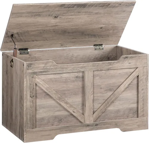 HOOBRO Banco de almacenamiento, baúl de almacenamiento de madera retro de 29.5 pulgadas con tirador recortado en forma de U, bisagra de seguridad,
