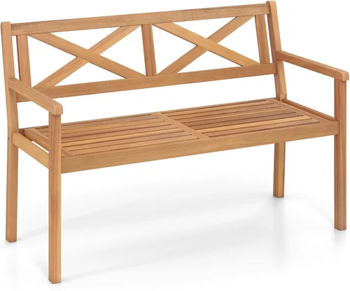 Miniatura 11 de Tangkula Banco de dos plazas de madera de acacia para exteriores, banco de jardín para 2 personas con reposabrazos y respaldo, muebles de madera