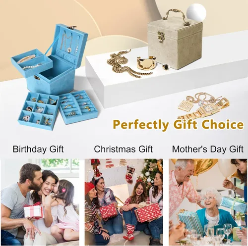 Miniatura 5 de INMORVEN Pequeño organizador de joyeros, estuche de terciopelo de 3 capas, organizador de joyas para mujeres y niñas, organizador de aretes, caja