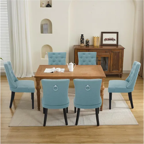 Miniatura 10 de Juego de 4 sillas de comedor tapizadas copetudas, sillas laterales de tela para comedor con cabeza de clavo en la parte trasera y patas de madera