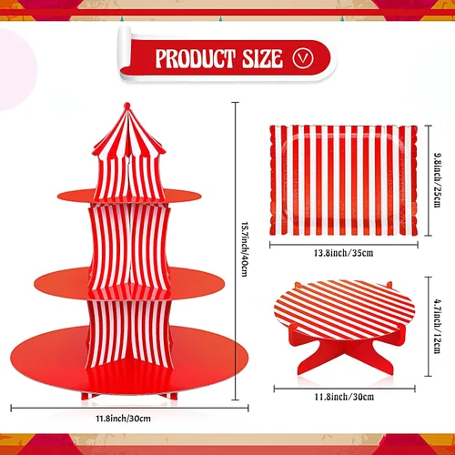 Miniatura 2 de Zopeal - Juego de 7 soportes para tartas de carnaval de 3 niveles, soporte para cupcakes de circo, carnaval, 1 nivel, bandeja rectangular