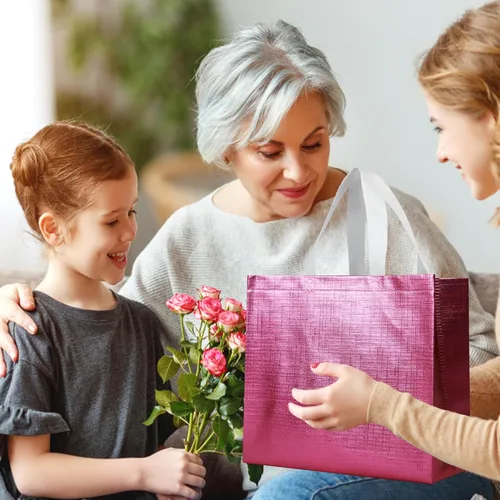 Miniatura 6 de cabzymx 16 bolsas de regalo reutilizables rosadas, bolsa de regalo de vacaciones con diseño metálico brillante con asas y bases, bolsa de regalos