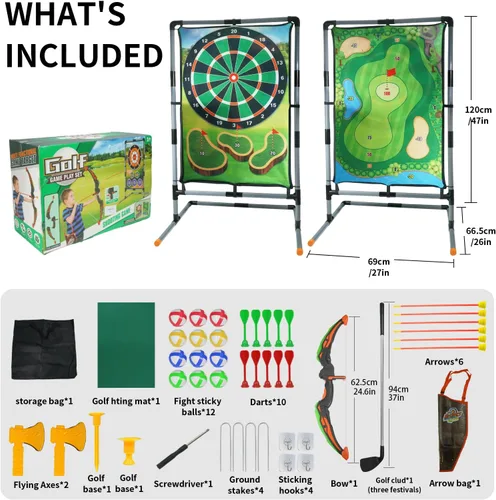Miniatura 5 de Juego de astillado de golf con soporte, juego de práctica de golf multideportivo con tiro con arco, hacha, dardos, alfombrilla de golpeo de doble