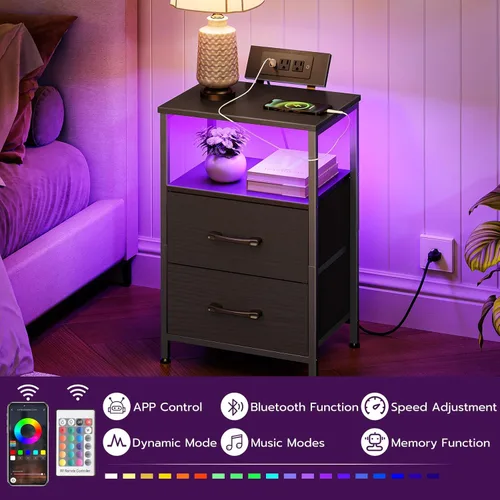 Miniatura 4 de HOOBRO Mesita de noche con estación de carga, mesita de noche con luces LED y 2 cajones de tela, mesa auxiliar con 2 salidas de CA y puerto USB