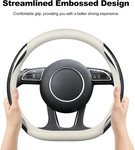 Miniatura 4 de Ergocar Fundas para volante, tipo D, de fibra de carbono, cubierta de volante de cuero, forro de malla antideslizante, adecuado para volante de 15
