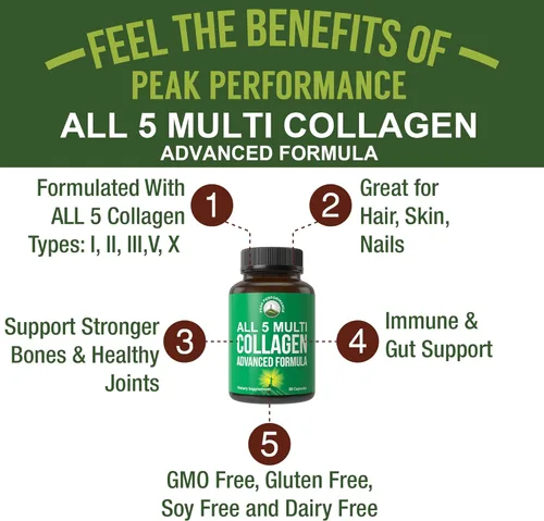 Miniatura 2 de Peak Performance Las 5 cápsulas de colágeno múltiple – 90 píldoras de proteína de péptidos alimentados con pasto – Suplemento con los 5 tipos