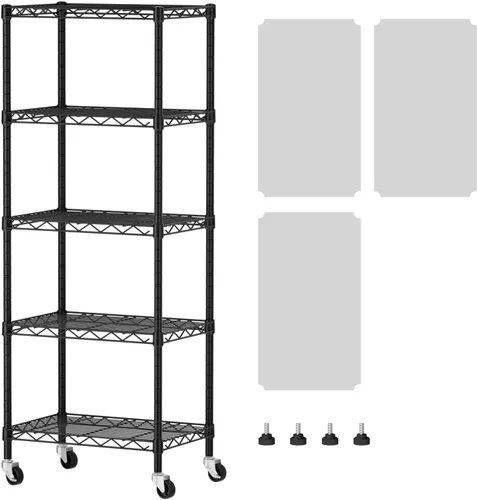 Miniatura 9 de SINGAYE Estante de almacenamiento ajustable de 4 niveles con ruedas, estantería resistente, estantes de alambre para garaje, oficina, despensa, Negro