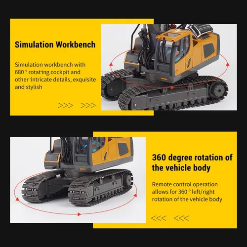 Miniatura 5 de Excavadora con control remoto con luces y efectos de sonido, 1:20 2.4G 11CH Vehículos de construcción de aleación, rotación de 360°, camión RC