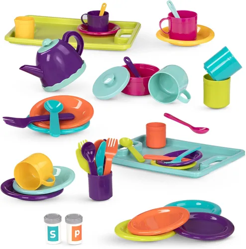 Battat Juego de cena de juego – 45 piezas para fiesta de té y cena – Juguetes de cocina de simulación – Tetera, platos, cubiertos – Más de 3 años