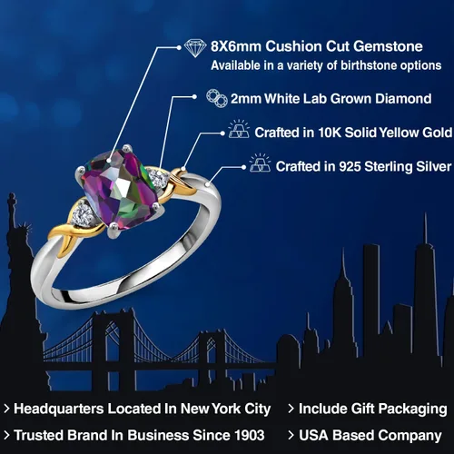 Miniatura 15 de Gem Stone King Anillo de compromiso de 3 piedras preciosas de plata 925 y oro amarillo de 10 quilates de 0.315 x 0.236 in de talla cojín y diamante