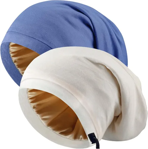 Miniatura 19 de 2 Pcs Adjustable Silk Hair Bonnet for Sleeping, Satin Lined Sleep Cap for Women and Men, Silk Hair Wrap Slouch Beanie.