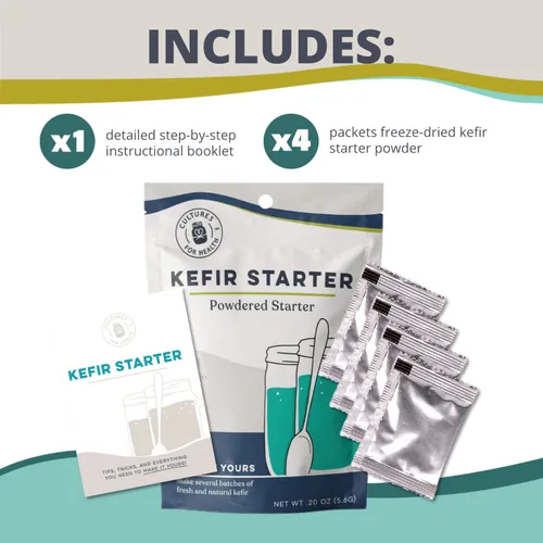 Miniatura 2 de Cultures for Health Cultivo iniciador de kéfir 4 paquetes de polvo de inicio liofilizado Haz kéfir con leche, agua o jugo Recultivo de bebidas