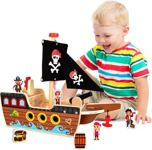 ArtCreativity - Juego de juguetes de barco pirata de madera para niños, cañón, barril, cofre del tesoro, banco, 4 piratas, juego para niños de 3 a 5