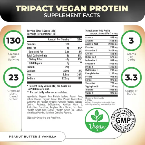 Miniatura 2 de Nutrology TRIPACT Proteína vegana en polvo, mezcla orgánica de guisantes, arroz y calabaza, batido de reemplazo de comidas con BCAA y glutamina