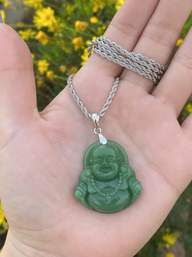 Miniatura 3 de Shop-iGold Colgante de Buda de jade verde claro para hombre y mujer, con estatua de Buda riendo, Metal, Jade simulado