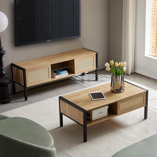 Miniatura 3 de Mesa de centro moderna de mediados de siglo con almacenamiento, mesa rectangular de madera de 40.16 pulgadas con panel de puerta deslizante de ratán