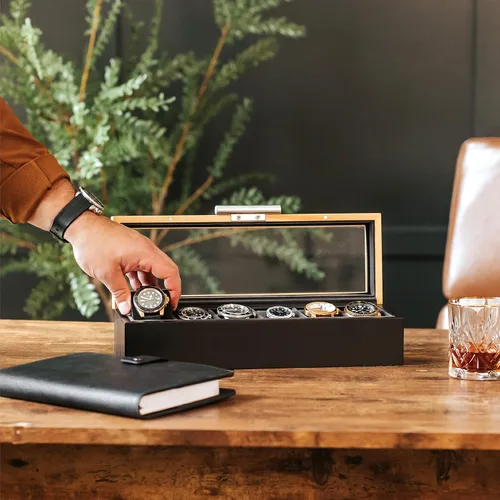 Miniatura 4 de CASE ELEGANCE Pino de dos tonos y base negra con mango de aluminio moderno caja de reloj de 6 ranuras con vidrio real