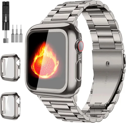 Miniatura 13 de Bekomo Compatible with Apple Watch Band 49mm 46mm 44mm 45mm 42mm 40mm 38mm 41mm, Stainless Steel iWatch Bands with 2 Pack Tempered Glass Case for