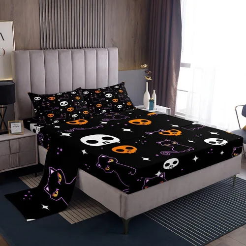 Miniatura 8 de Erosebridal Sábanas de Halloween para niños y niñas, juego de sábanas espeluznantes de dibujos animados, tamaño individual, juego de ropa de cama