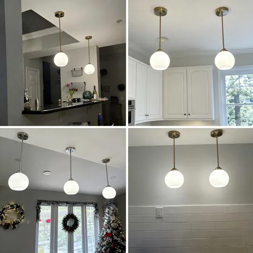 Miniatura 4 de Paquete de 2 luces colgantes de vidrio ajustable de 22 a 50 pulgadas de altura para isla de cocina, luces colgantes de globo dorado cepillado