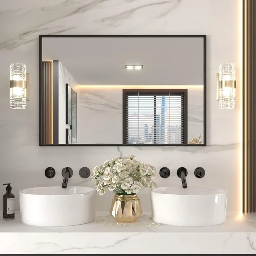 Miniatura 30 de LOAAO Espejo de Baño Rectangular de 22"X30" Negro para Pared, Marco de Aleación de Aluminio Negro Mate, Se Cuelga Vertical u Horizontalmente, Fácil