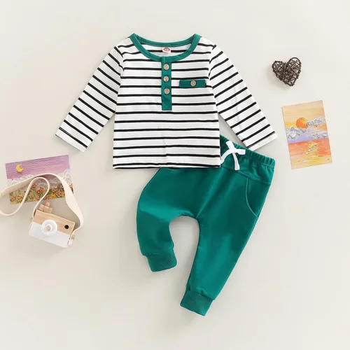 Miniatura 86 de Conjunto de 2 piezas de sudadera de manga larga con cuello redondo y pantalones casuales para bebés y niños pequeños