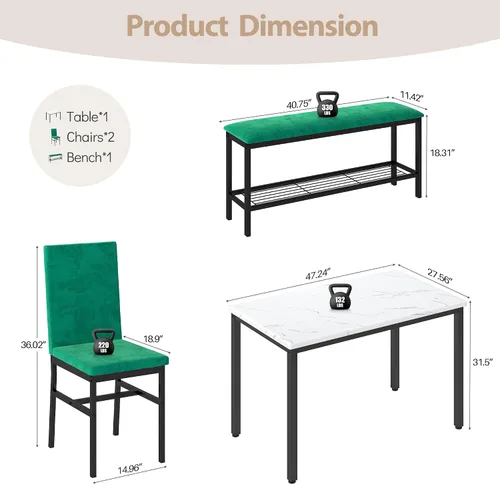 Miniatura 2 de HUGROVE Juego de mesa de comedor de mármol sintético 47.2 para 4, sillas de mesa de cocina con sillas tapizadas de terciopelo, juego de mesa de Verde