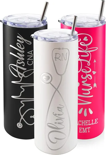 Regalos de enfermera para mujeres, vaso personalizado para enfermera con nombre y especialidad, 20 onzas flacas, blanco, 8 diseños, con cepillo de