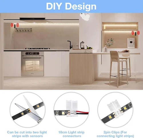 Miniatura 3 de WOBANE Tira de luz con sensor de movimiento dual, iluminación LED recargable de 16.4 pies, 150 luces LED de cinta para escaleras, debajo del Blanco