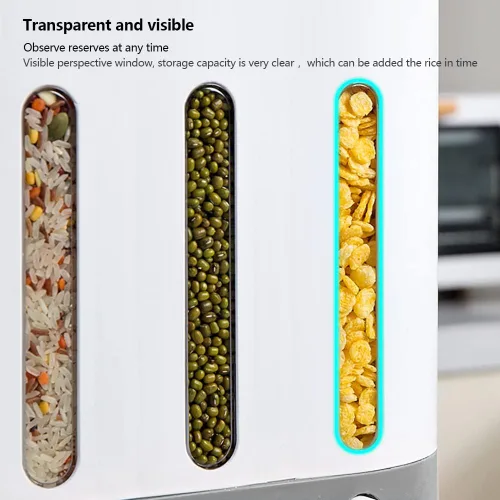 Miniatura 5 de Contenedor de almacenamiento de arroz y granos de 5 rejillas, dispensador de arroz y alimentos con cubo de almacenamiento de presión de un botón