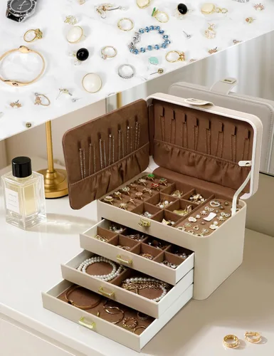 Miniatura 5 de KAMIER Caja organizadora de joyas, organizador de joyas de 4 capas con espejo, 3 cajones, caja de joyería grande para pulseras, aretes, anillos