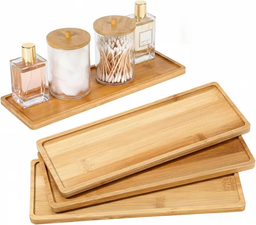 Miniatura 8 de Chengu 3 bandejas de bambú para baño, bandeja pequeña de madera para servir para baño, mostrador de alimentos, aperitivos, té, postre, cocina