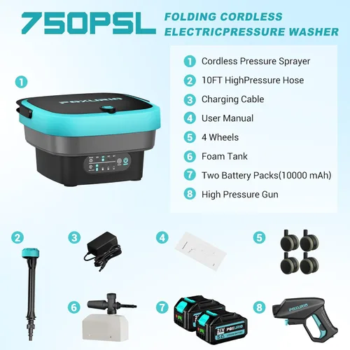 Miniatura 6 de Lavadora a presión portátil inalámbrica de 750 PSI, tanque de 4.5 galones, lavadora eléctrica a presión con 4 presiones ajustables con batería
