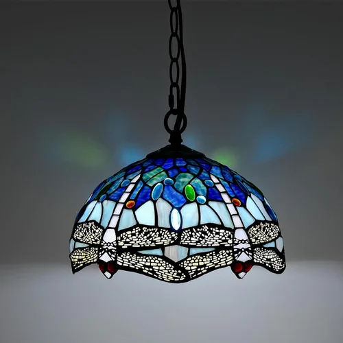 Miniatura 16 de Lámpara Colgante de Vidrio Emplomado Estilo Tiffany con Enchufe, 12" de Ancho Diseño de Glicinia Lámpara Colgante, Cadena de 60 Pulgadas Cable de 15