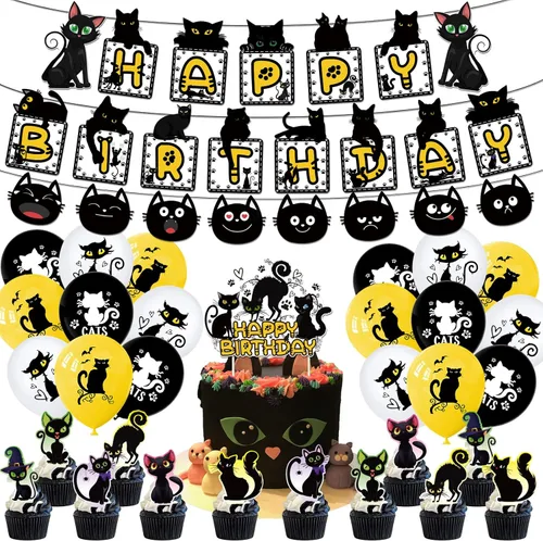 Miniatura 7 de Decoración de fiesta temática de gato, juego de suministros de fiesta de cumpleaños de gato negro, incluye fondos de gato negro de 5 x 3 pies