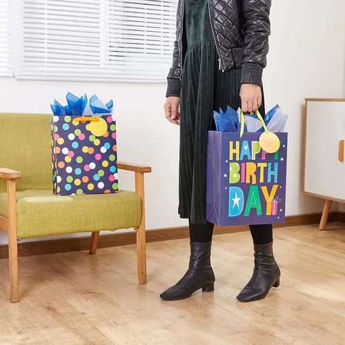 Miniatura 6 de SUNCOLOR Paquete de 2 bolsas de regalo grandes de 13 pulgadas con papel de seda para él, feliz cumpleaños, bolsas de papel ecológicas con asas
