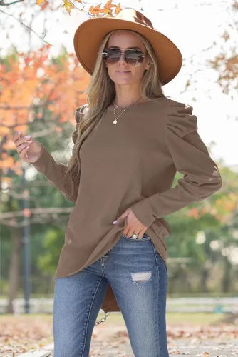 Miniatura 2 de WIHOLL Sudaderas para mujer, cuello redondo, manga abombada, túnica de otoño para leggings