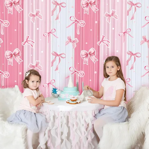 Miniatura 6 de Panelee Telón de fondo de lazo rosa de 3.3 x 6.6 pies, cortina de flecos de papel de oropel con flecos, lazos rosados, decoración de fiesta