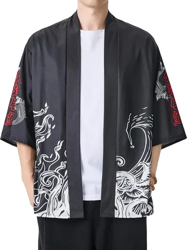 Miniatura 31 de PRIJOUHE Chaqueta Kimono Ligera para Hombre de Manga Tres Cuartos con Frente Abierto Cárdigan Estilo Japonés