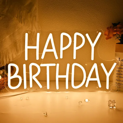 Miniatura 2 de SYLHOME Letrero de luz LED de neón con texto en inglés «Happy Birthday» para fiesta de cumpleaños, dormitorio, decoración de pared, pancarta, bar
