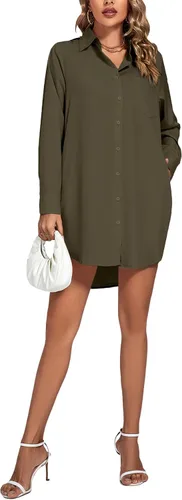 Miniatura 6 de LYANER Vestido camisero para mujer con cuello en V, botones, manga larga y dobladillo curvado