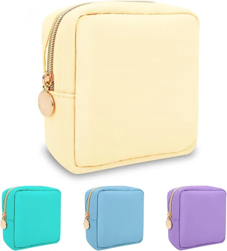 Miniatura 54 de izuzta Bolsa de maquillaje pequeña de nylon para bolso, linda bolsa de cosméticos con cremallera, bolsa de maquillaje preppy, Azul, Mini 2-Azul