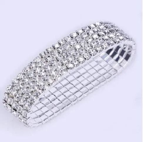Miniatura 6 de Harlorki Pulsera elástica elástica de 5 filas con diamantes de imitación brillantes para niña, joyería de moda, Plástico, cristal