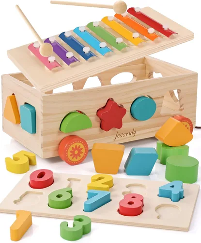 Clasificador de formas - Juego de xilófono de madera y rompecabezas de números Montessori para bebés - Juego educativo de clasificación con coche de