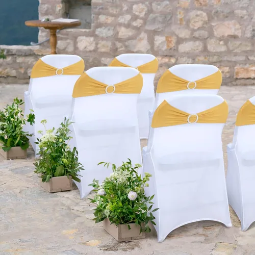 Miniatura 8 de LEBENGURU Bandas para silla de elastano doradas, 30 lazos elásticos de alta calidad con deslizadores para decoración de banquete de boda, fiesta