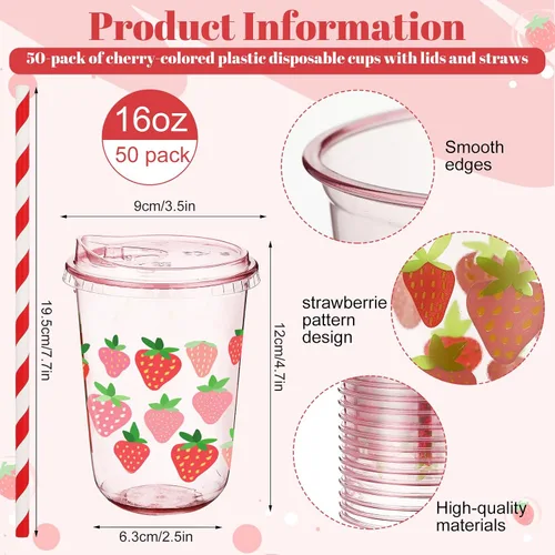 Miniatura 2 de LemonRoad Juego de 50 vasos de plástico transparente de cereza con tapas y pajitas, vasos de fiesta de 16 onzas rosadas para café helado, batidos
