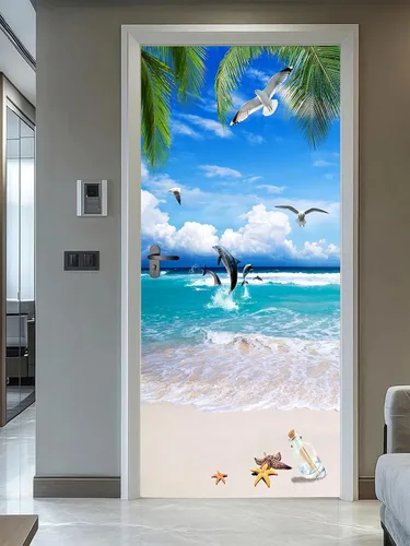 Miniatura 22 de artfanke Adhesivo 3D para puerta, 33.5 x 84.6 pulgadas, papel tapiz autoadhesivo impermeable, mural para puerta, póster vintage de radio Boombox