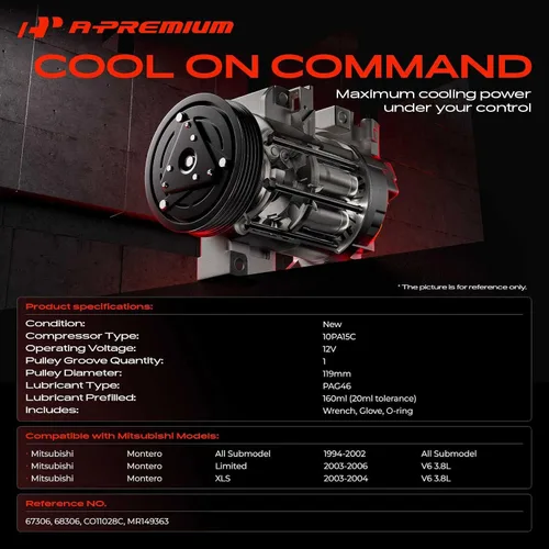 Miniatura 2 de A-Premium Compresor de A/C con embrague compatible con Mitsubishi Montero 1994-2002, Montero Limited 2003-2006 3.8L, Montero XLS 2003-2004 3.8L