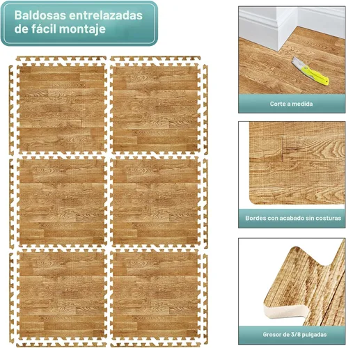 Miniatura 6 de Sorbus Losetas de suelo de madera veteada, esteras de espuma EVA entrelazadas, losetas de 3/8" de grosor para suelos de madera, esteras de ejercicio