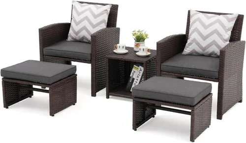 Miniatura 12 de OC Orange-Casual Juego de muebles de patio de 5 piezas, silla de mimbre para conversación al aire libre y juego otomano con mesa auxiliar, almohadas